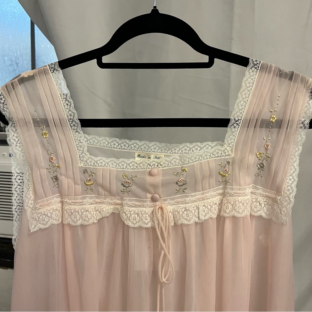 Italian Vintage Sheer Overcoat Style Dress Nightgown Pastel Floral Embroidered